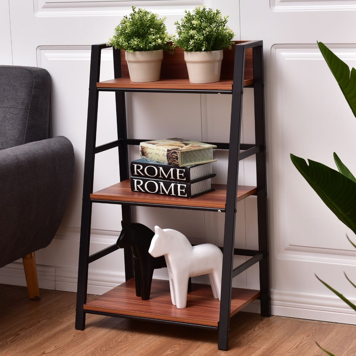Shop Costway 3 Tier Ladder Storage Book Shelf Wall Bookcase Bundle Modern Overstock 18216210