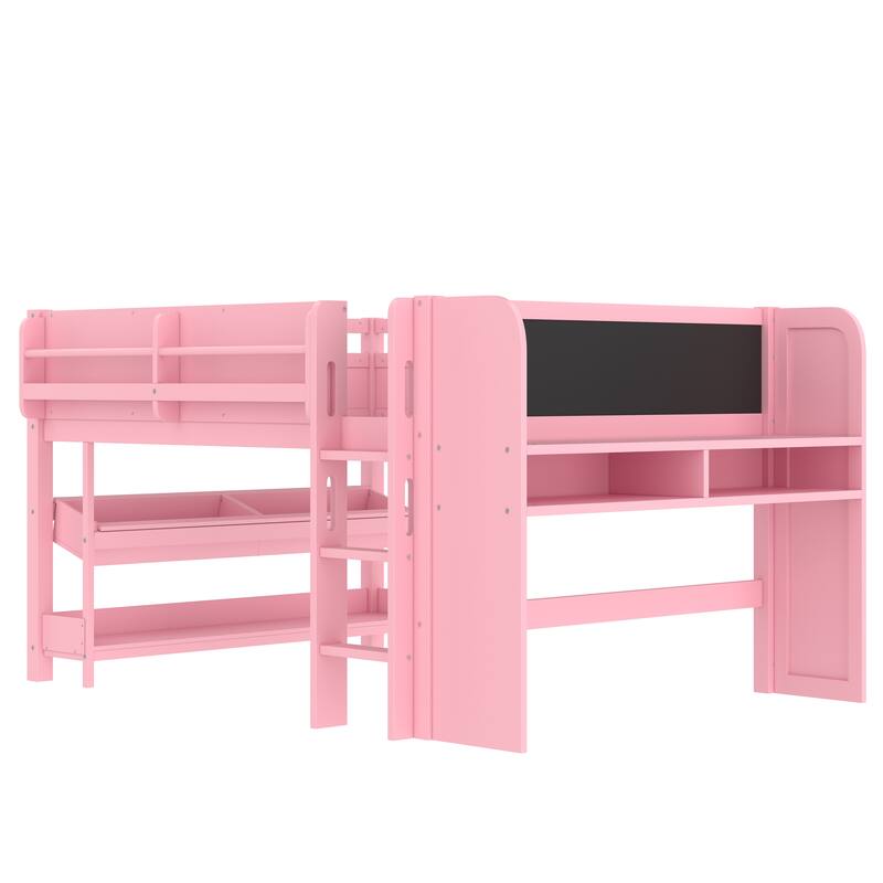 Low Solid Wood Loft Bed with Bookcase, Desk, Drawers and Storage Boxes