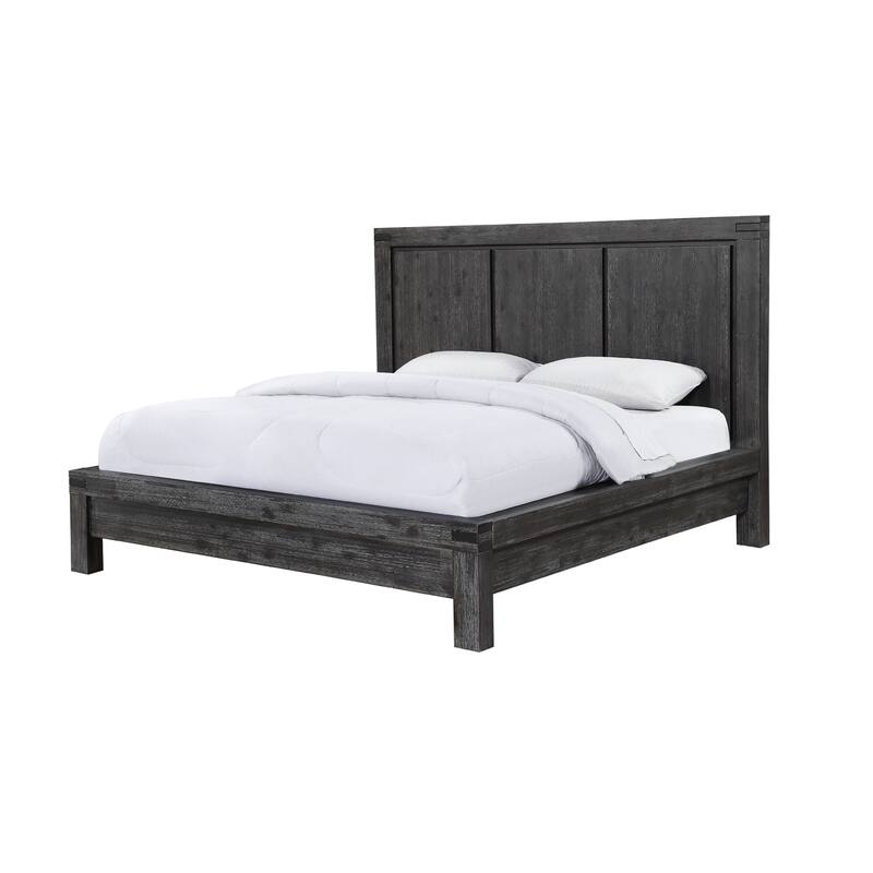 Pim Solid Wood Platform Queen Bed, Plank Panel Headboard, Brushed Gray