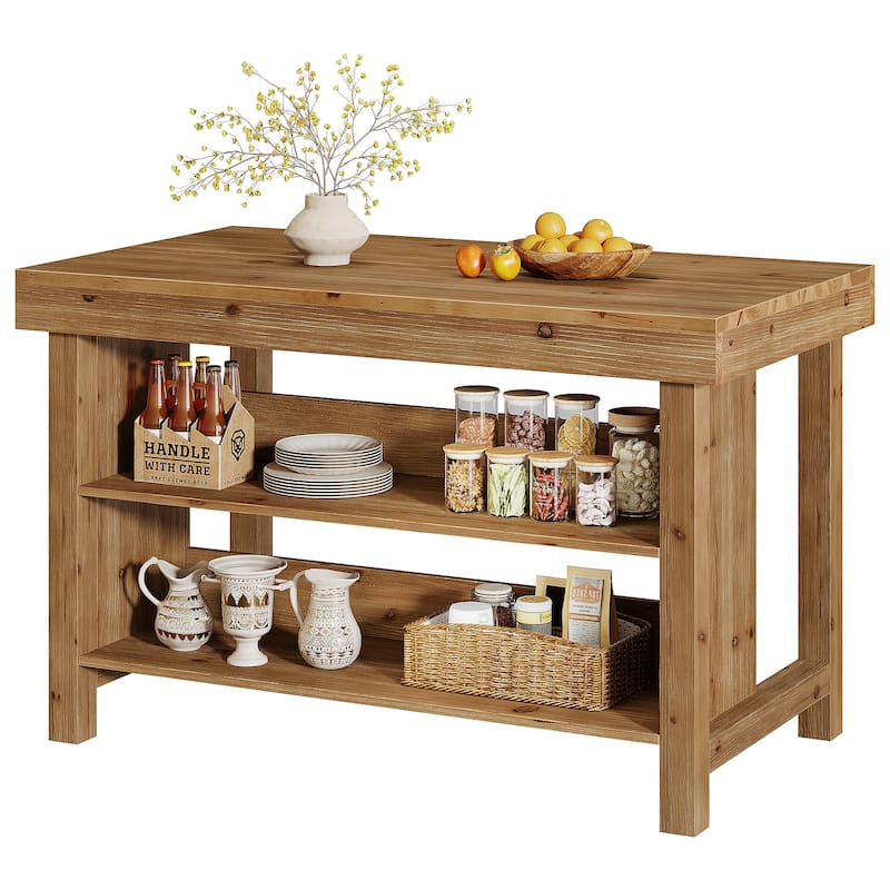 Solid Wood Kitchen Island, Open Storage Counter Height Table, Kitchen Dining/Living Room Coffee Bar Accent Island