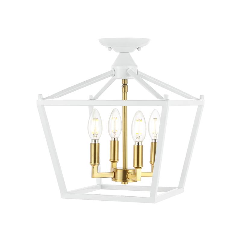 Milton Mini Lantern 4-Light Iron Modern Farmhouse LED Flush Mount, by JONATHAN Y - White/Brass Gold