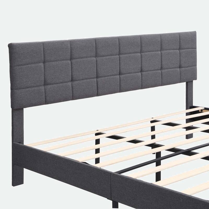 Platform Bed Frame with Fabric Upholstered Headboard and Wooden Slats