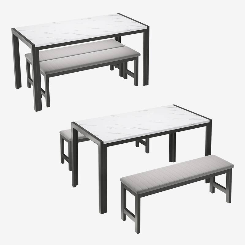 3-Piece Dining Table Set, Velvet Benches,Tabletop Marble Finish