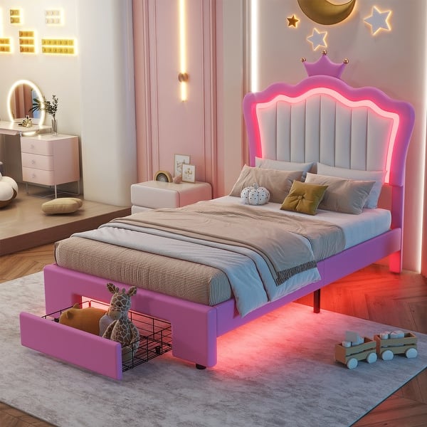 slide 2 of 5, Twin Size Upholstered Platform Bed with LED Lights, Crown Headboard, a Drawer