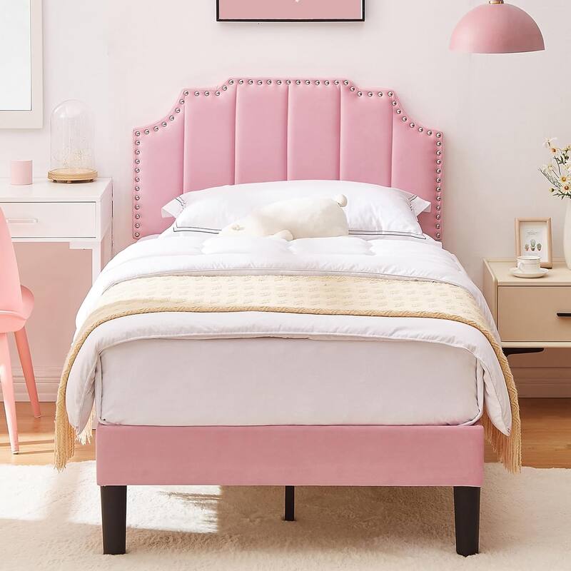 VECELO Upholstered Bed Frame with Nailhead Trim Adjustable Height Headboard, Twin/Full/Queen Size Bedframes - Pink - Twin