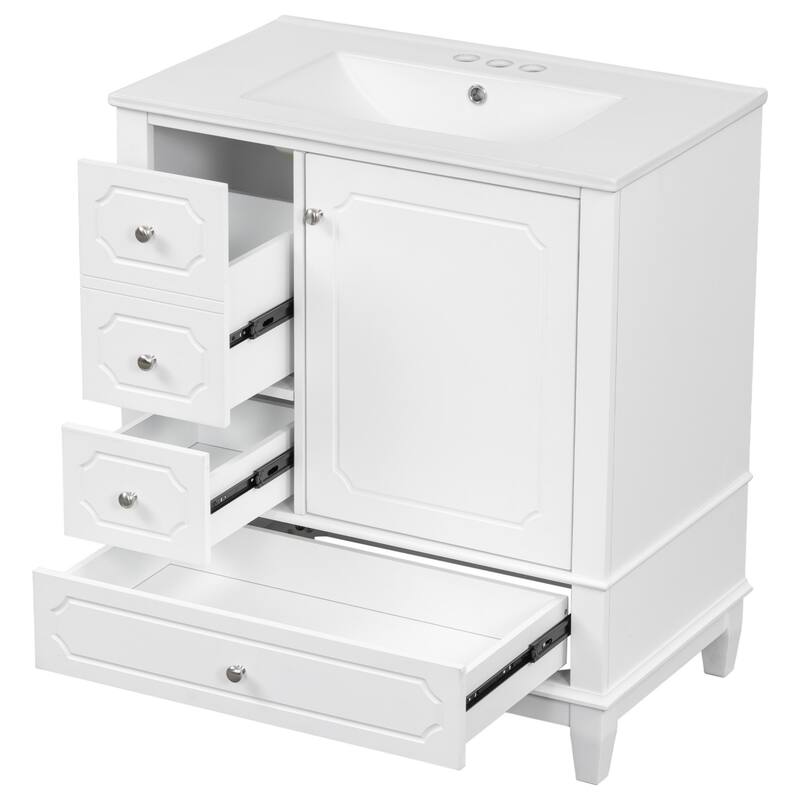 30 " Bathroom Vanity with Sink, Drawers, and Storage Shelves - White