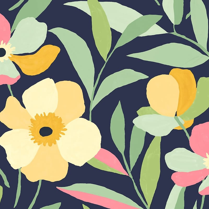 NextWall Garden Block Floral Peel and Stick Wallpaper - 20.5 in. W x 18 ft. L - Deep Navy & Pastels