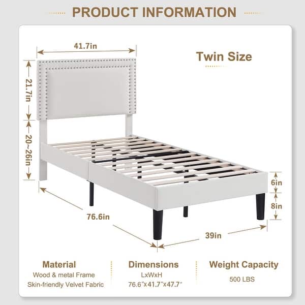 dimension image slide 20 of 30, VECELO Upholstered Bed Frames with Height Adjustable Headboard