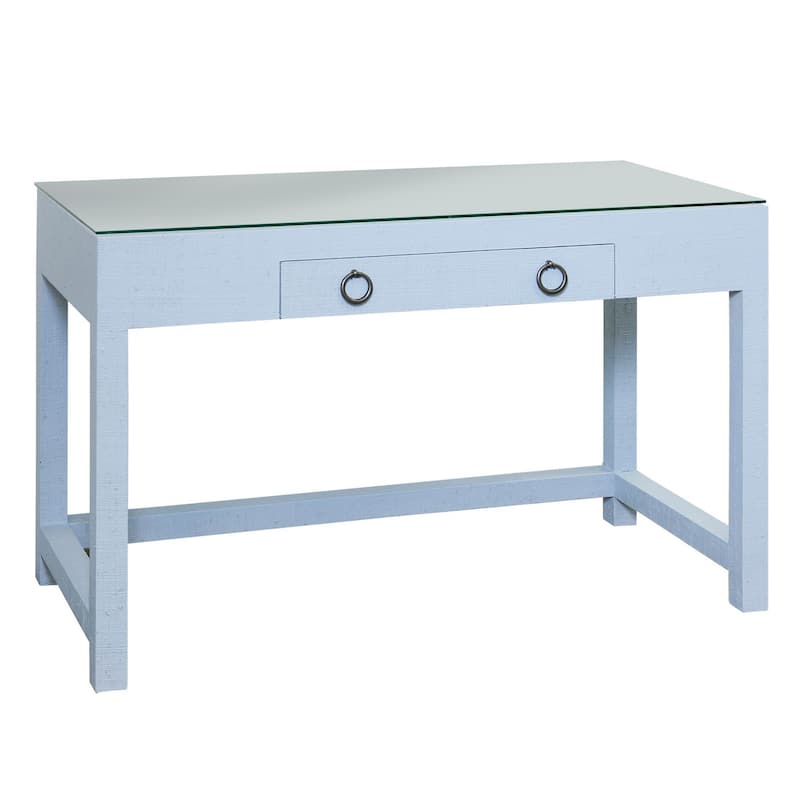 Bay St. Louis - Woven Raffia Desk with Glass Top - Silver Leaf Finish