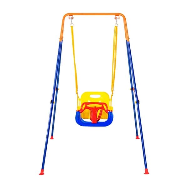 slide 2 of 10, 3 in 1 Outdoor Swing Sets with 4 Foldable Sandbags and Removable Seat Perfect Gift for Kids - 44.09"L x 63.76"W x 62.20"H Blue-Orange