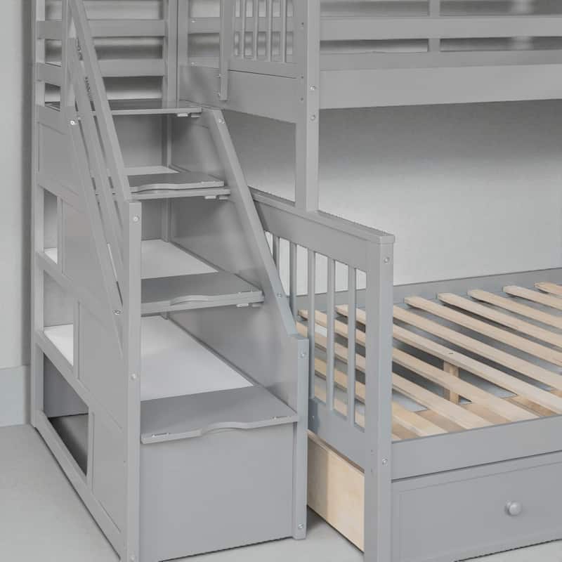 Twin Over Full L-Shaped Bunk Bed with Staircase, Storage Drawers and Shelves, Wood Frame for Kids or Teens