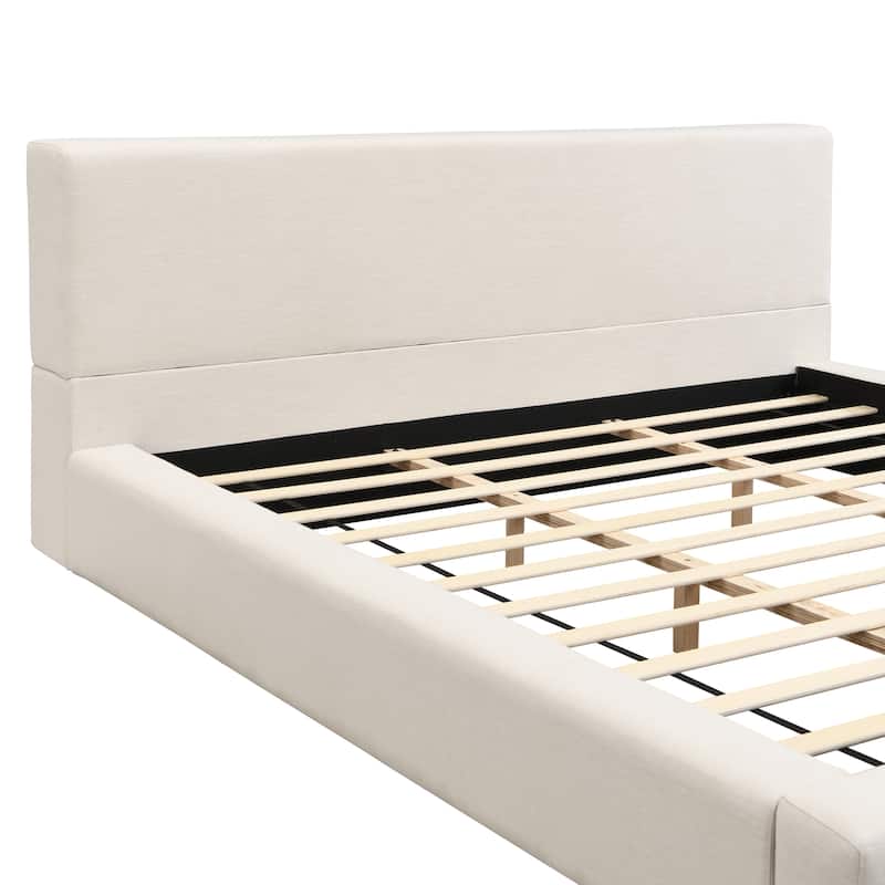 King Size Bed Frame with Thick 8" Headboard/Upholstered Platform Bed Frame/Solid Wood Support Slats/No Box Spring Needed/Beige