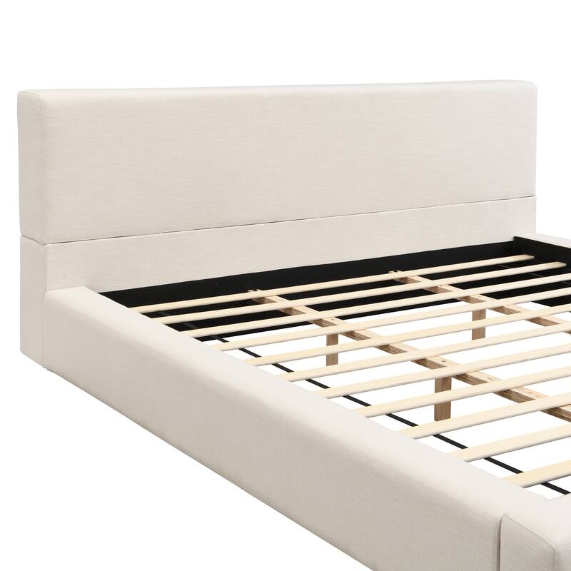 Modern Wooden Upholstered Linen Platform Bed with Thick Padded Headboard, No Box Spring Needed