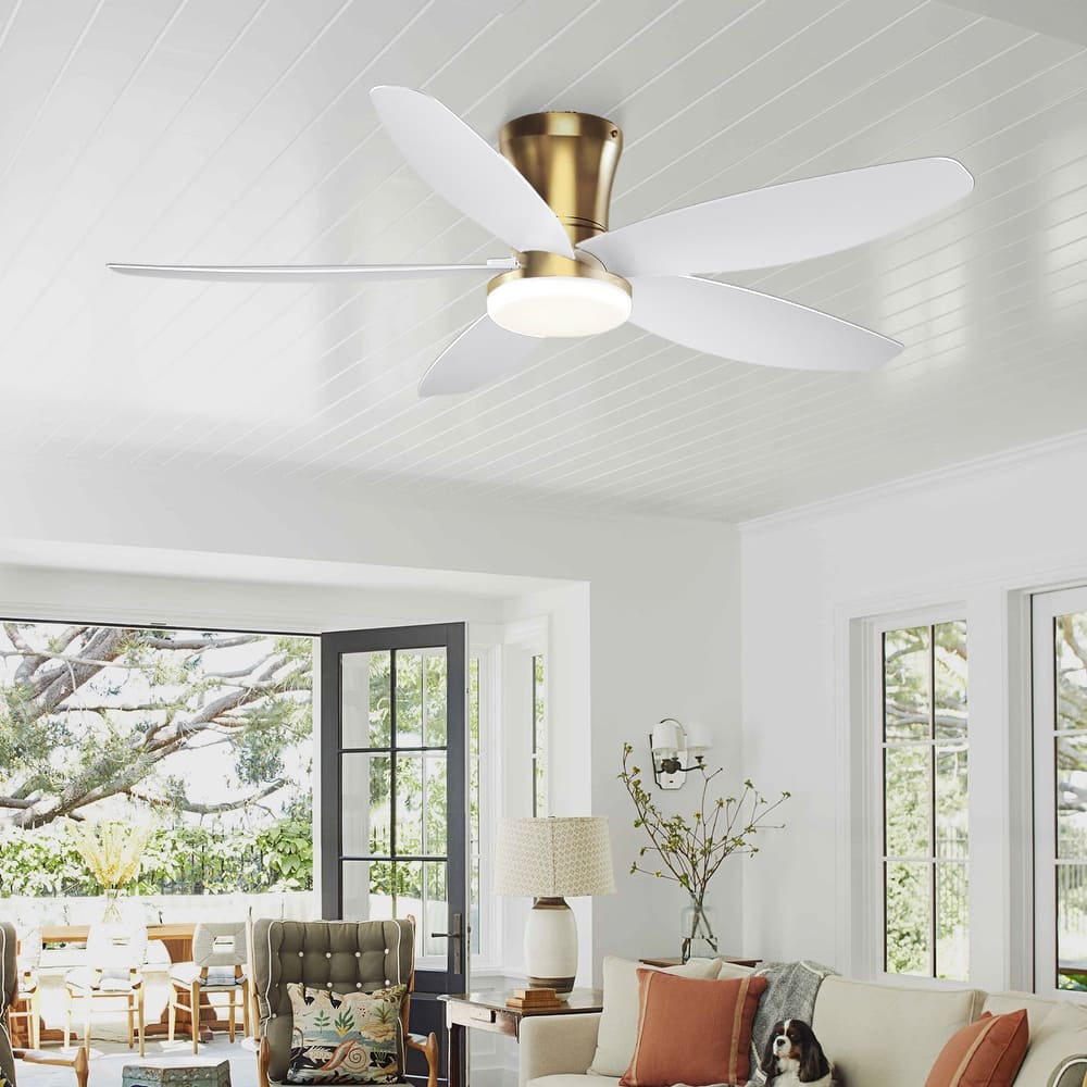 36/42/48 inches Flush Mount Ceiling Fan with Light and Remote ,Gold Base with White Blades for Bedroom Living Room