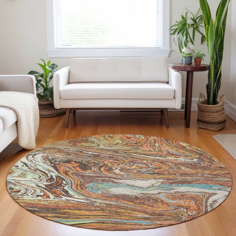 Machine Washable Indoor/ Outdoor Abstract Brushstroke Chantille Rug - Khaki - 8' x 8'