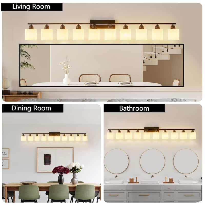 10-Light 65.4" Black Bathroom Vanity - White Glass - Wall Light for Bedroom Mirror