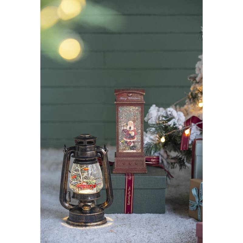 4x4x10"H Christmas Lighted Water Spinning Phone Booth With Santa On Phone, 3*AA Batteries Required