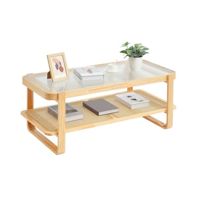 45-Inch Rectangle Rattan Coffee Table with Tempered Glass Top and One Open Storage Shelf - 45.3 x 22.4 x 17.7 in