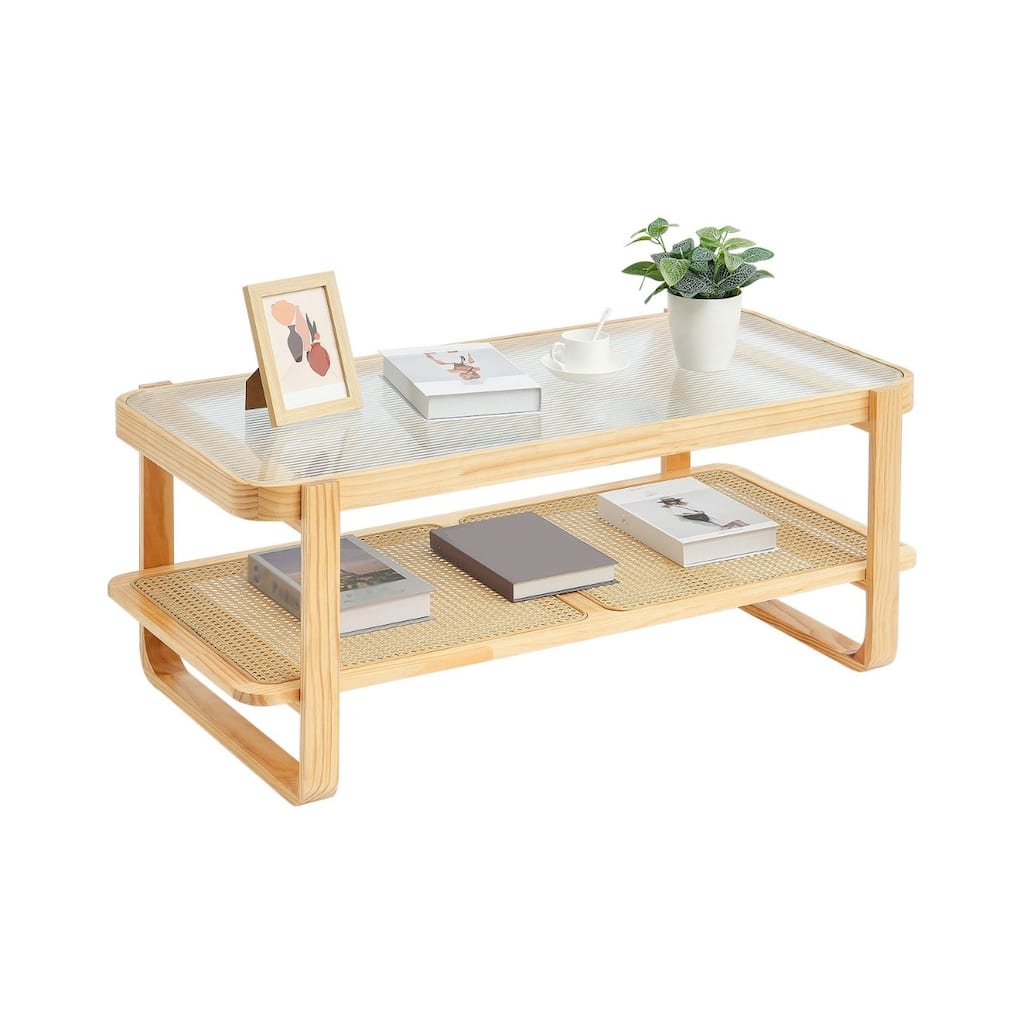 45-Inch Rectangle Rattan Coffee Table with Tempered Glass Top and One Open Storage Shelf - 45.3 x 22.4 x 17.7 in