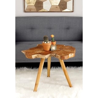 Brown Teak Wood Handmade Live Edge Side End Accent Table with Tripod Legs