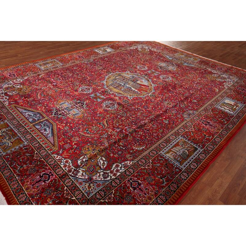 Pictorial Medallion Red Kashan Turkish Area Rug Machine Made Carpet - 9'8" x 12'5"