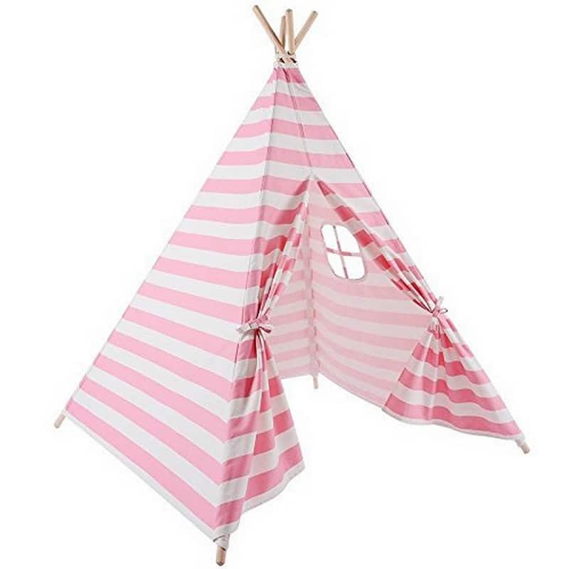 Natural Cotton Canvas Teepee Tent for Kids Indoor & Outdoor Use - PinkSmallStripe_2pc
