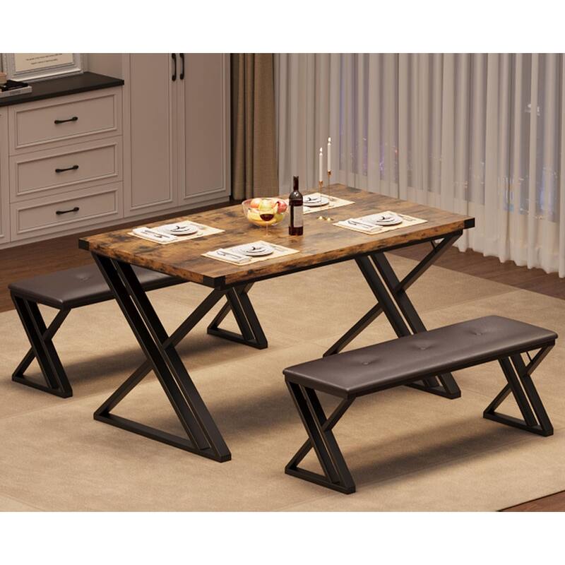 3 Piece Z-Shaped Leg Dining Table with 2 Benches, Space-Saving - Thick