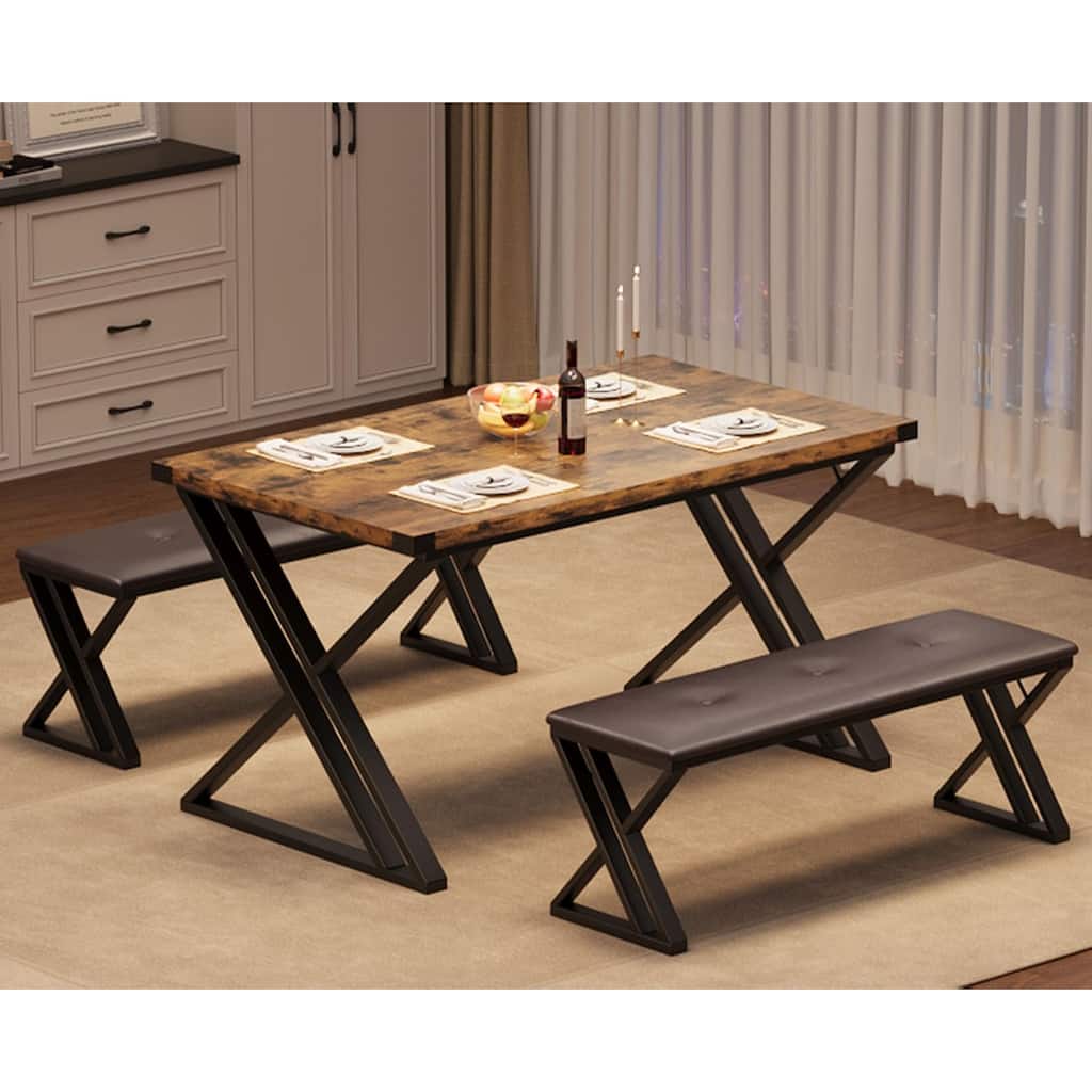 3 Piece Z-Shaped Leg Dining Table with 2 Benches, Space-Saving