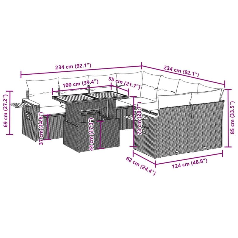 vidaXL Patio Sofa Set with Cushions Outdoor Furniture 9 Piece Poly Rattan - 24.4 x 24.4 x 27.2