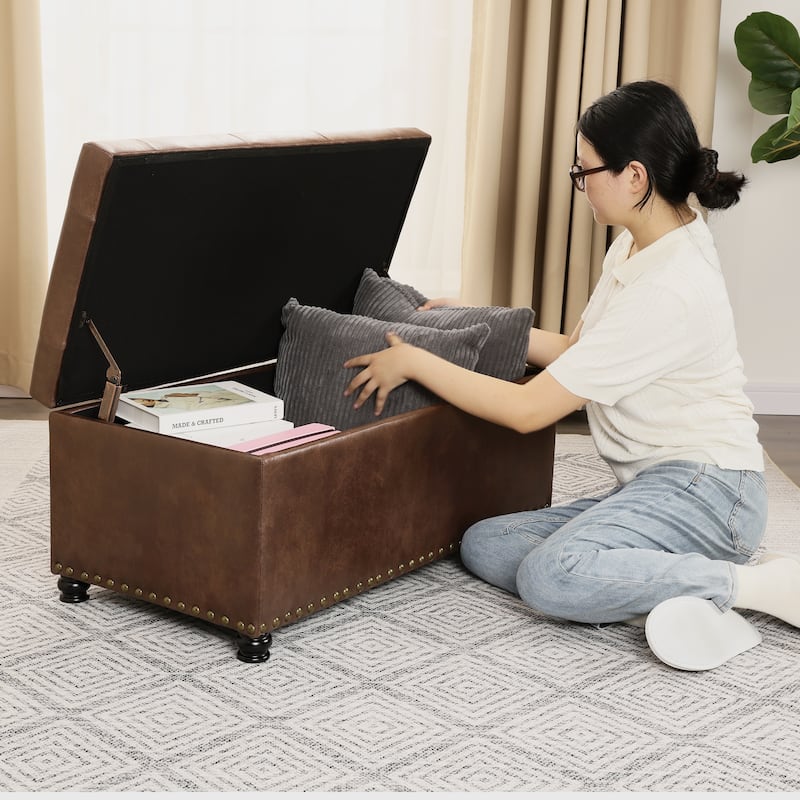 Adeco Rectangular Storage Ottoman Tufted Faux-Leather Bench Lifted Top