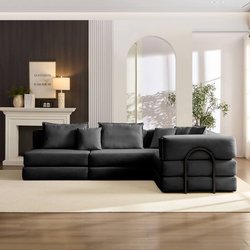 118.2" Oversized Modular Foldable Floor Sofa Couch, Corduroy Upholstered Convertible Sectional Sofa Bed w/ Pillows for Apartment