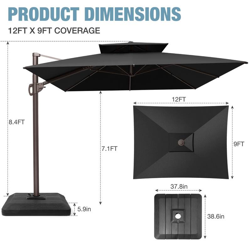 9x12 FT Rectangular Outdoor Patio Double Top Cantilever Offset Umbrella with Weight Base