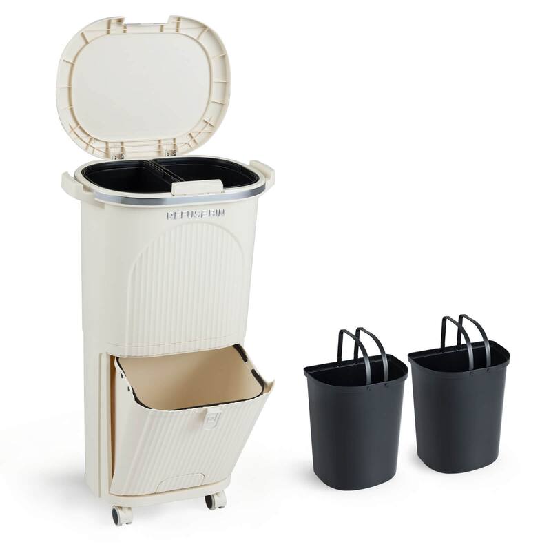 Costway 10 Gallon Kitchen Trash Can with Lid, 2 Removable Buckets, - Beige - Beige - See Details