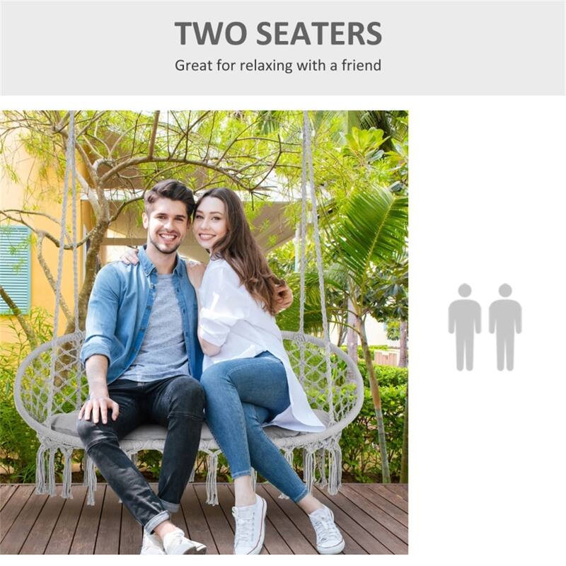 2 Person Hammock Hanging Seat Swing Chair with Macrame Net Design and Cushion for Patio or Balcony