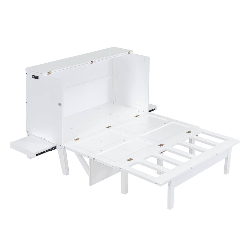 Full Size Murphy Bed with USB Port, Removable Shelves, and Space-Saving Design, White