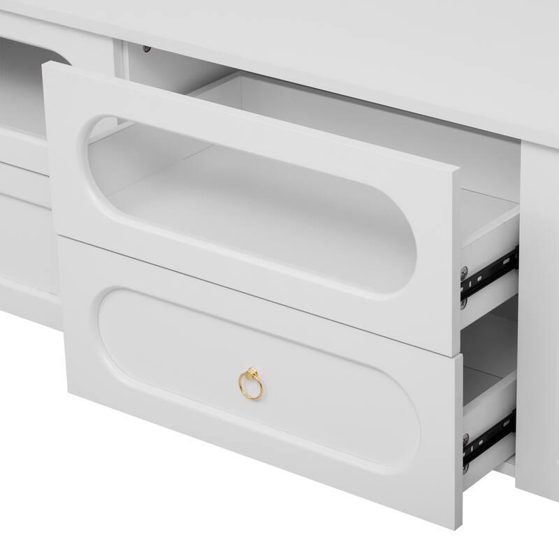 Retro-Style TV Stand, for TVs up to 85 Inches with 2 Cabinets, 4 Drawers and Anti-Tipping Device, for Living Rooms, White