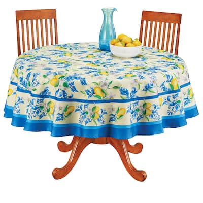 Lemon Floral Blue Border Printed Tablecloth - Round