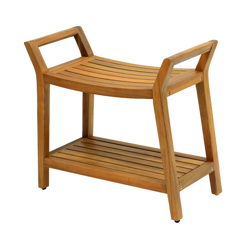 Orla 25.6" Slatted Solid Acacia Wood Indoor/Outdoor Shower Bench, Shelf, Handle, By JONATHAN Y - 25.59L x 12.01W x 23.03H