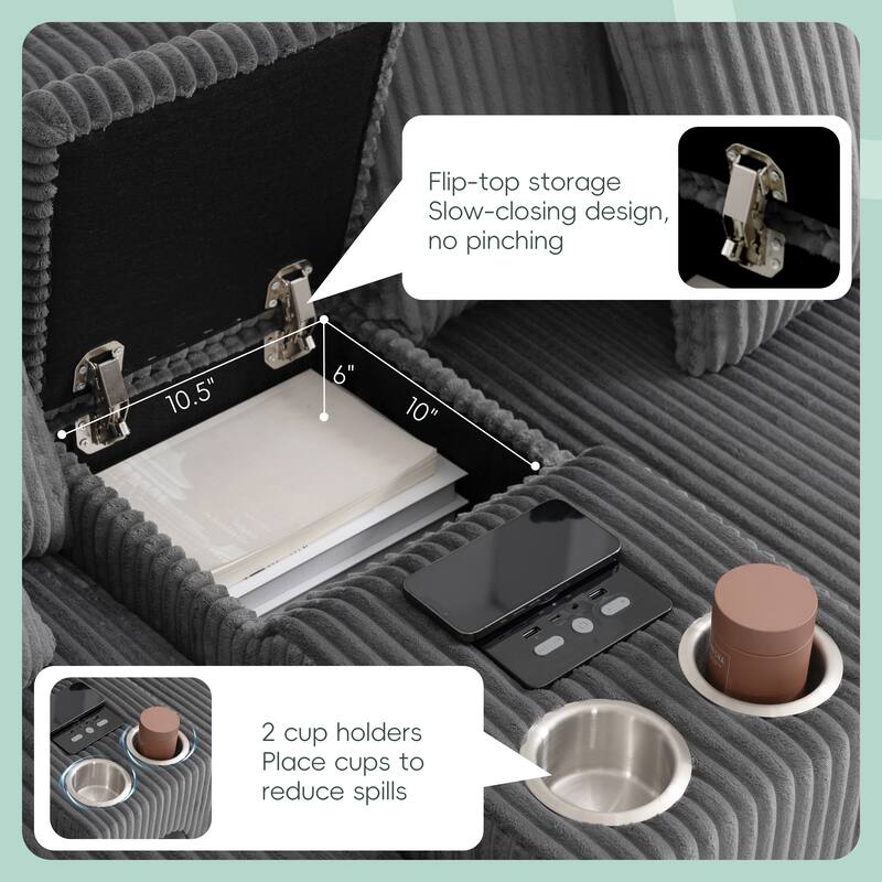 Corduroy Sectional Sofa With Bluetooth Speakers,L Shaped Couch With Console,Usb Charger,Cup Holders,Storage,Ottoman