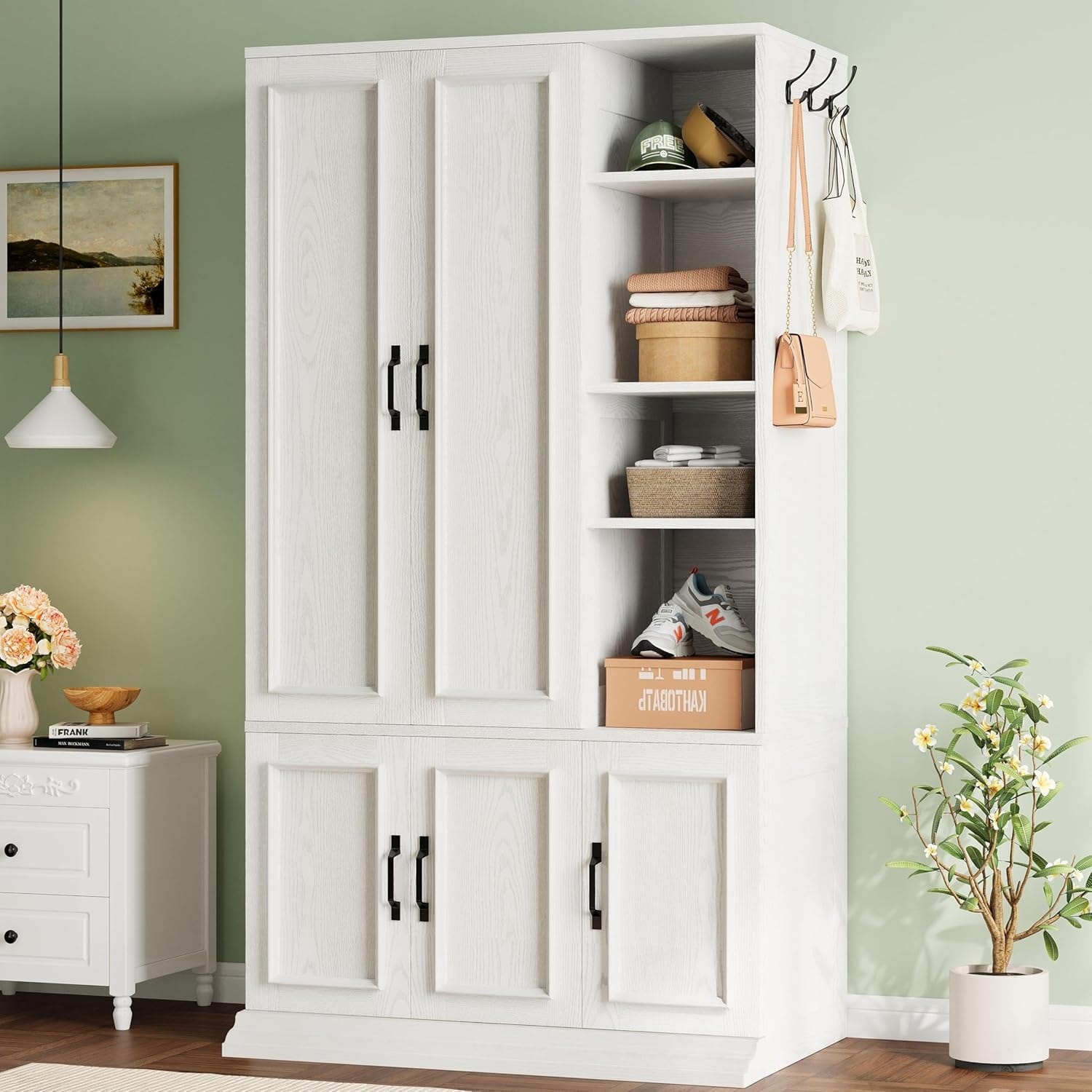 70 Inch Tall 5-Door Wooden Wardrobe with 4 Shelves and Hanging Rod, White Bedroom Storage Cabinet
