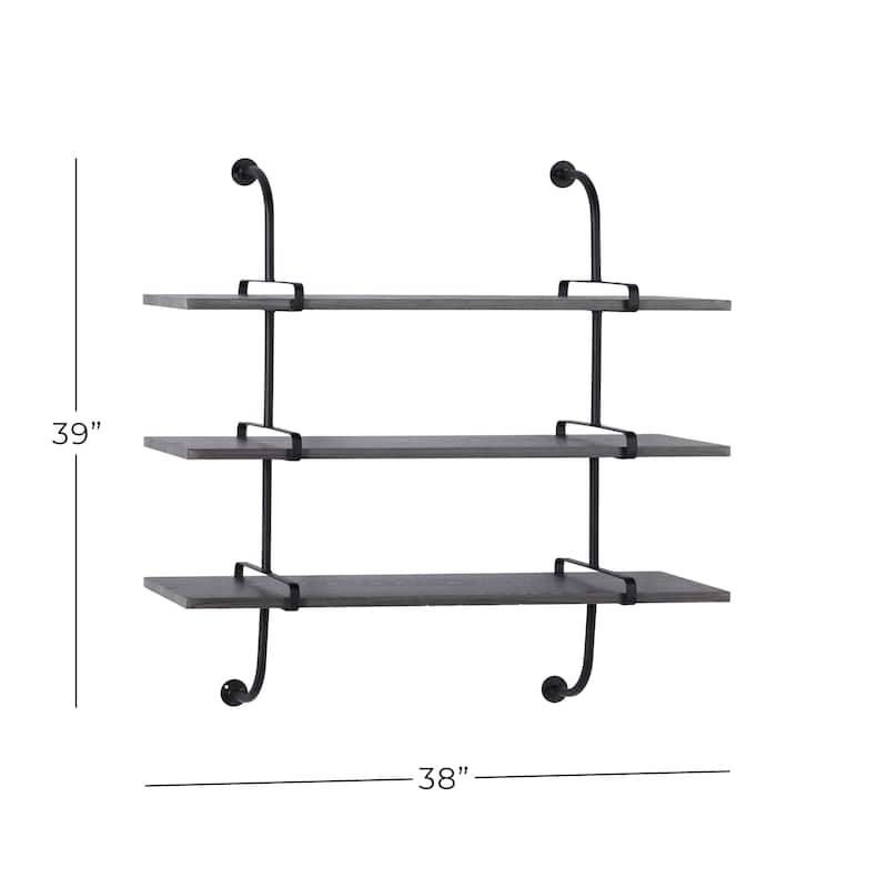 Wood 2 or 3 Level Wall Shelf with Black Metal Brackets - Brown or Gray - Roche River Decor