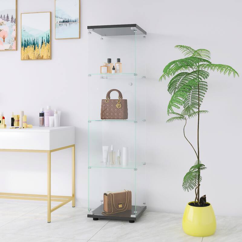Glass Display Cabinet 4 Shelves with Door, Floor Standing Curio Bookshelf