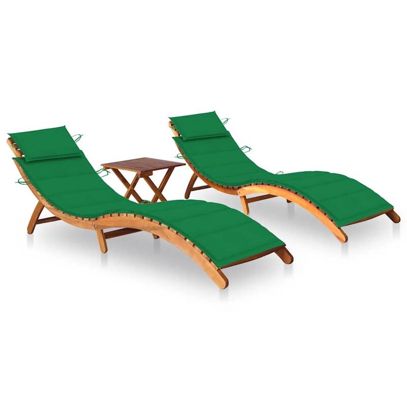 vidaXL Sun Loungers 2 pcs with Table and Cushions Solid Acacia Wood - 72.4" x 21.7" x 25.2"