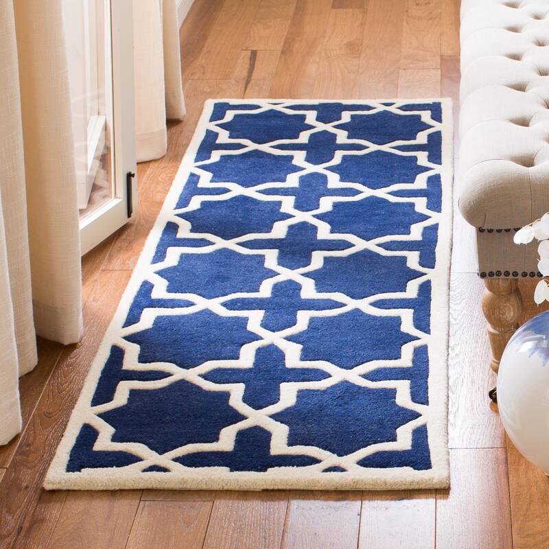 SAFAVIEH Handmade Chatham Begie Modern Moroccan Wool Rug - 2'3" x 7' Runner - Dark Blue/Ivory