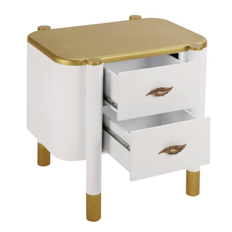 Contemporary 2 Drawers Nightstand with Curved Profile Design, Bedside Table with Metal Feather-Shaped Handles and Exposed Legs