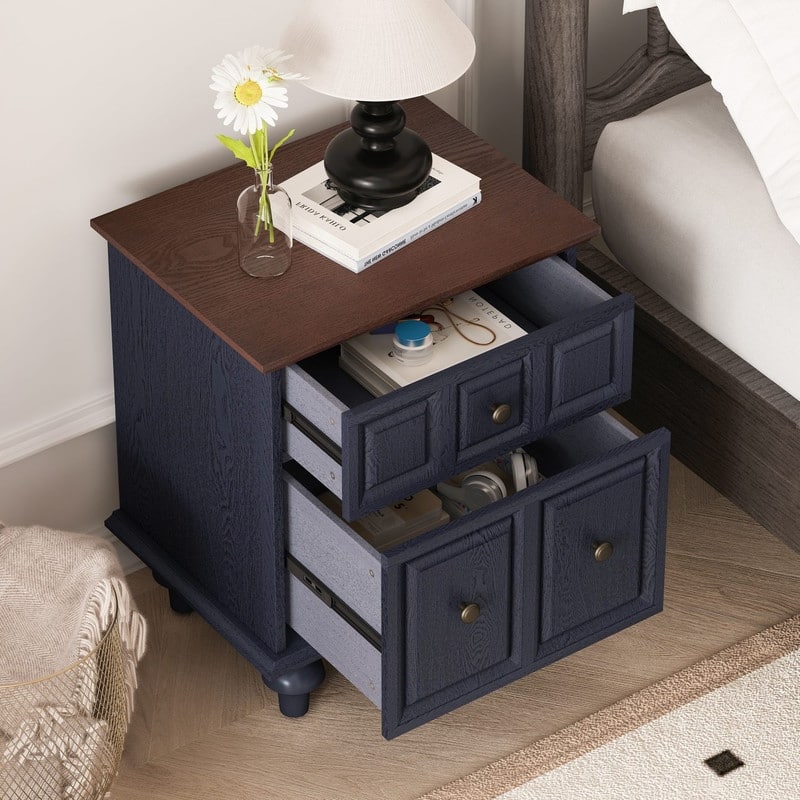 Vintage 2-Drawer Nightstand with Solid Wood Legs for Bedroom Storage Organization