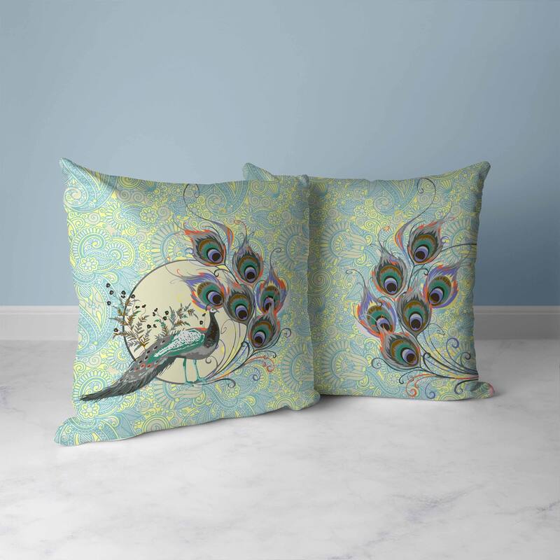 Paisley Peacock Dreams Faux Suede Reversible Throw Pillow Skyblue and Yellow