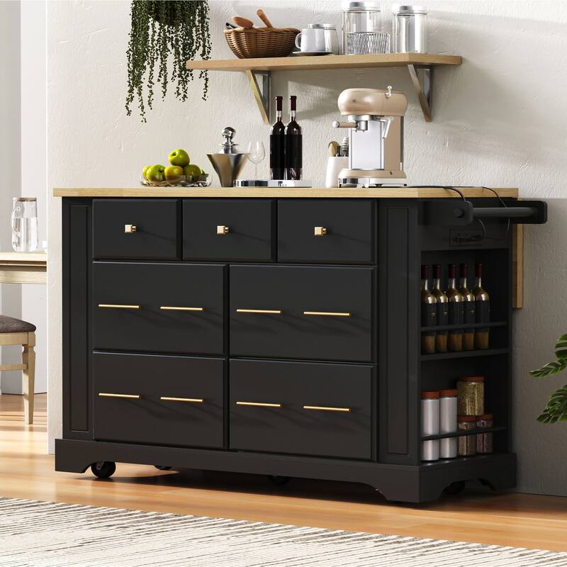 Rolling Kitchen Island with Drop Leaf, 6 Drawers, 5 Wheels, Pull Out Trash Can Storage, Power Outlet & 5 Open Side Racks