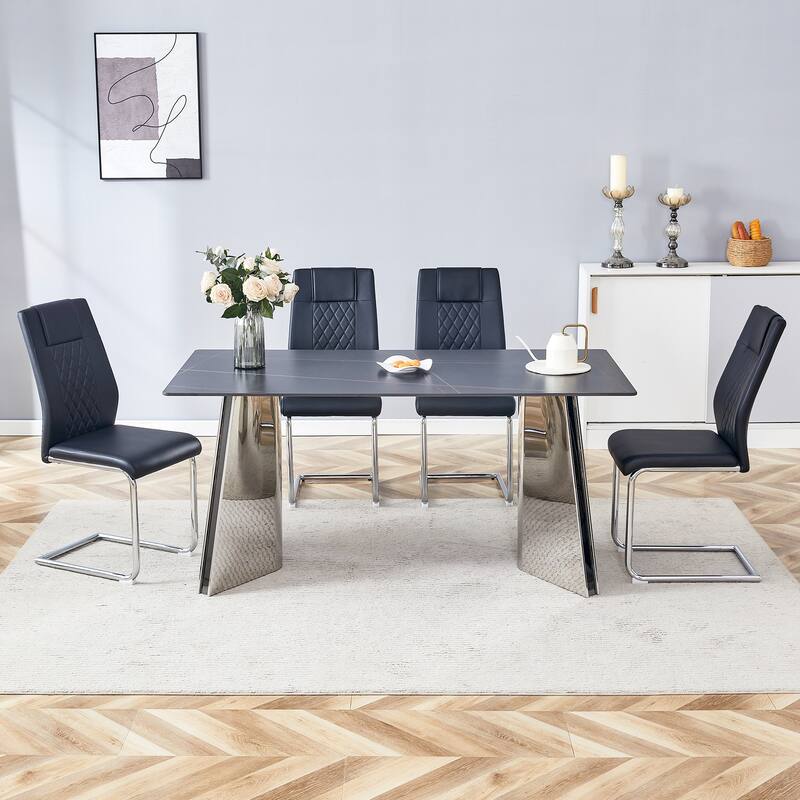 Modern Style Dining Rectangular Table Set with Stainless Steel Butterfly Legs and PU High Back Dining Chairs - 5-Piece Sets - Black+Silver