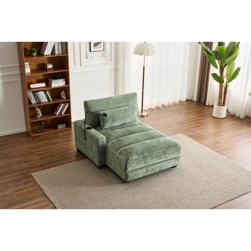Chenille Single Sofa Chair Chaise Lounge with Phone Holder, Upholstered Recliner Sleeper Sofa Bed for Living Room